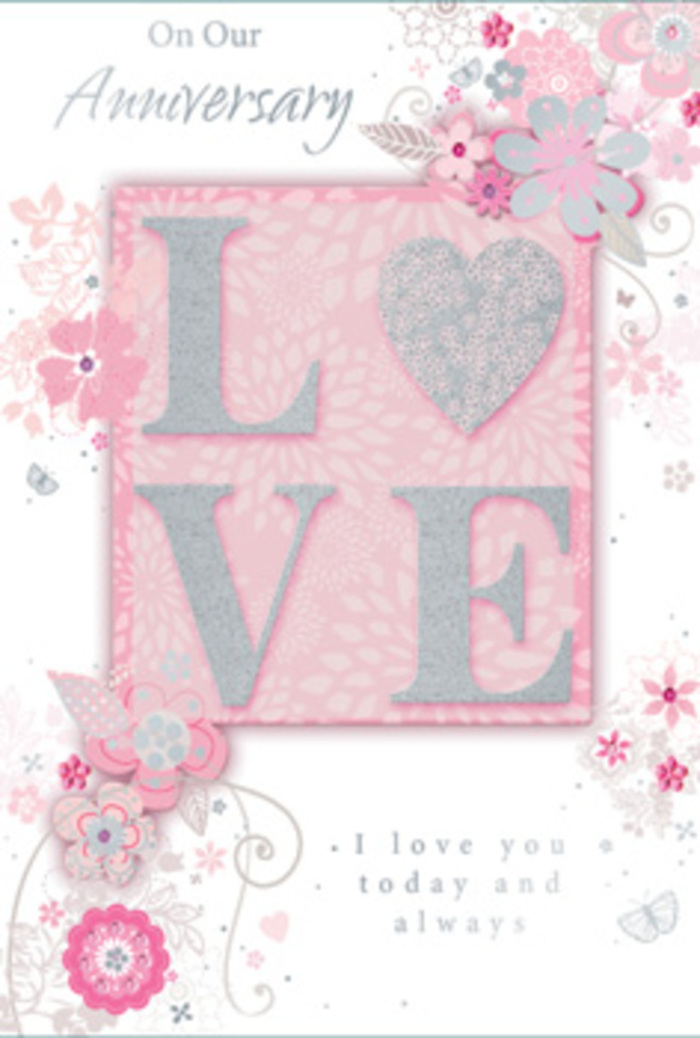 This anniversary card looks like a delicate work of art laid out on a Carshalton farmhouse table, capturing the essence of romance through subtle colour and texture. At its heart, the word LOVE is presented in raised, glitter-soft letters, each stroke slightly textured so that you can imagine the faint resistance beneath your fingertips. The glitter is finely milled, providing a soft, pearlescent sheen that glimmers as though brushed with light rather than coated in bold sparkle. These letters rest upon a warm blush-pink panel that gently contrasts with the paler background, making the sentiment the true focal point of the design. Flowing outward from this centre, illustrated flowers and trailing leaves wind in loose, swirling patterns, like the gentle arcs of stems as a florist positions them into an anniversary arrangement for a couple near Carshalton village green. The blooms are rendered in a stylized, almost dreamy manner, with fine outlines, light shading, and touches of silver along petal edges and leaf curves. Hues of blush, ivory, and soft grey blend into one another, creating a calm, harmonious palette. Between the floral sprays, open spaces of soft pink allow the eye to rest, preventing the design from feeling crowded. A message in elegant script completes the composition, its graceful lines echoing the curves of the flowers while offering sincere, loving wishes for the anniversary being celebrated. The card as a whole evokes the feeling of a hand-crafted, sentimental gift-akin to receiving a carefully tied bouquet from a Carshalton florist, full of quiet beauty and enduring affection.